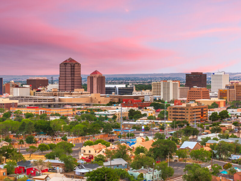 Albuquerque, New Mexico, USA downtown cityscape at twilight.