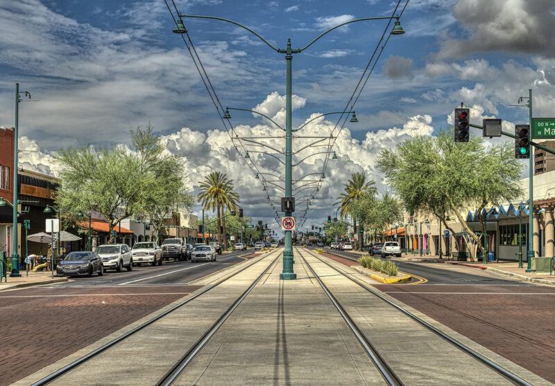 Monsoon clouds float over downtown Mesa, Arizona